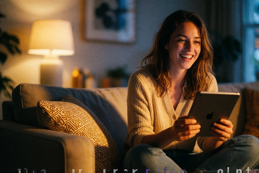 Woman laughing softly on a sofa in a warmly lit living room while holding a small tablet