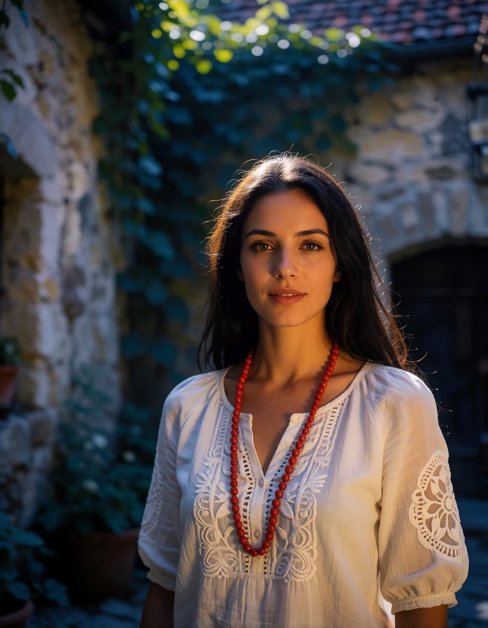 Romanian woman in a white embroidered blouse with red beads standing in an old stone courtyard in Bucharest