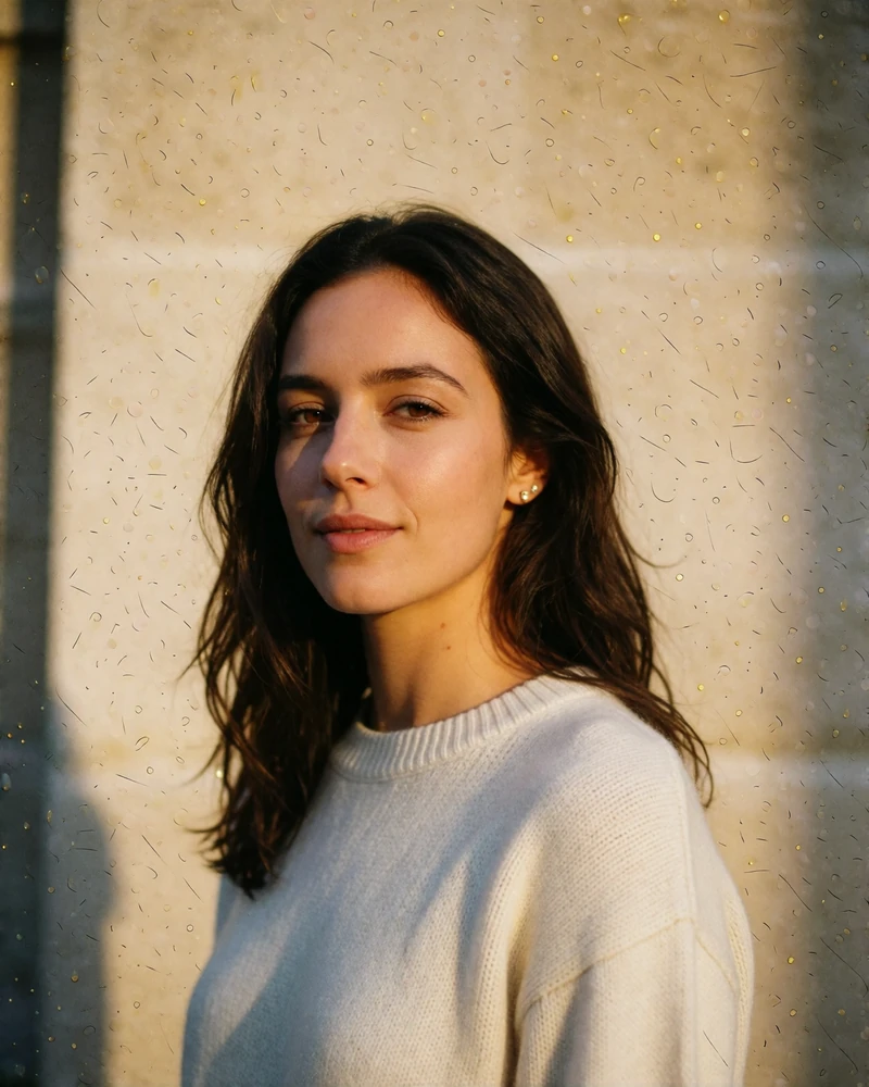 Verified profile portrait of a dark-haired Czech woman in her late twenties in an ivory knit sweater