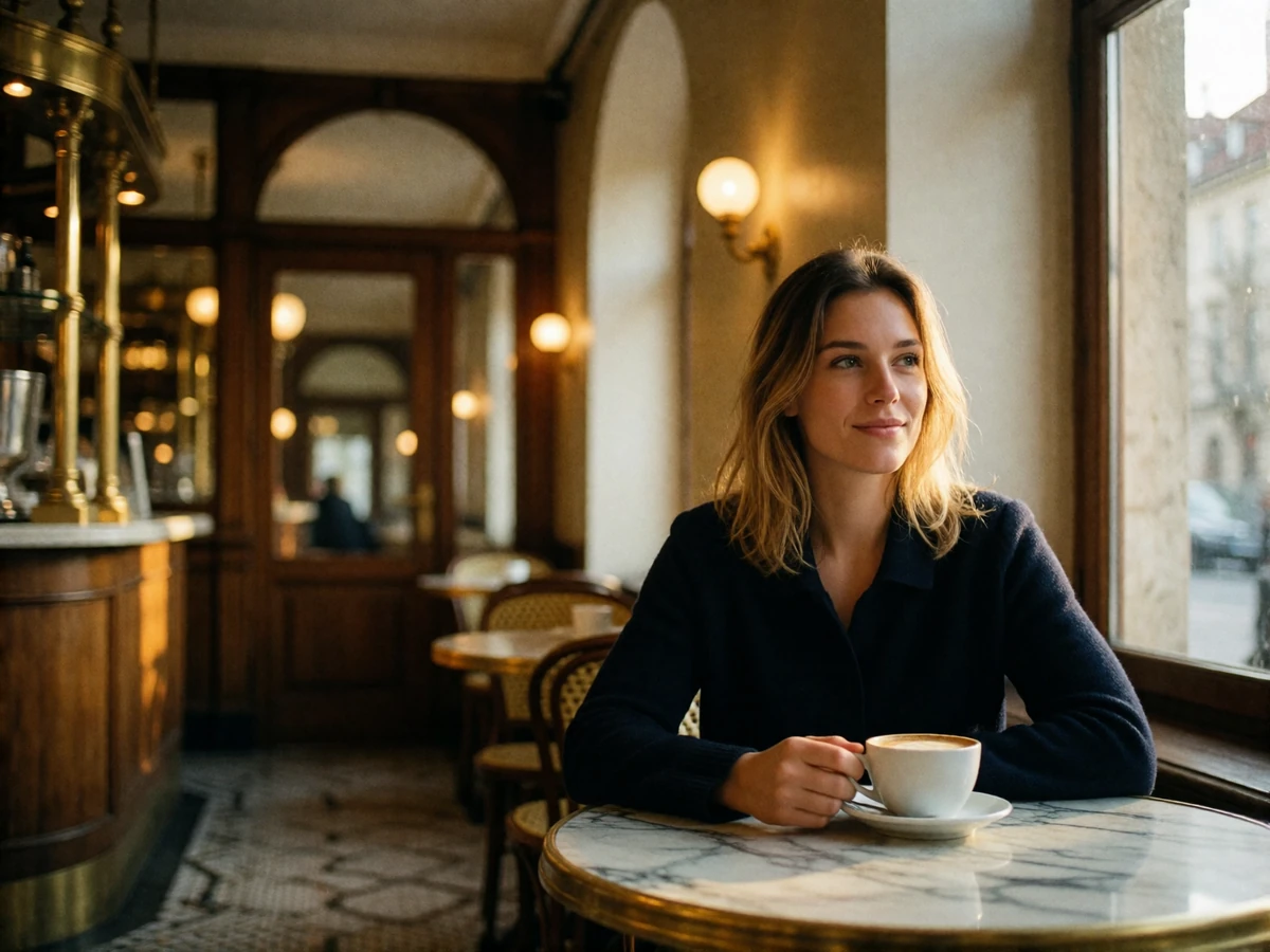 Woman with dark blonde hair sitting by a tall arched window in an upscale Prague coffee house, holding a cappuccino
