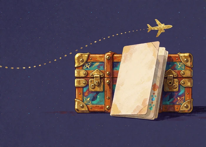 Illustrated gold travel trunk and airplane motif representing international marriage visa planning