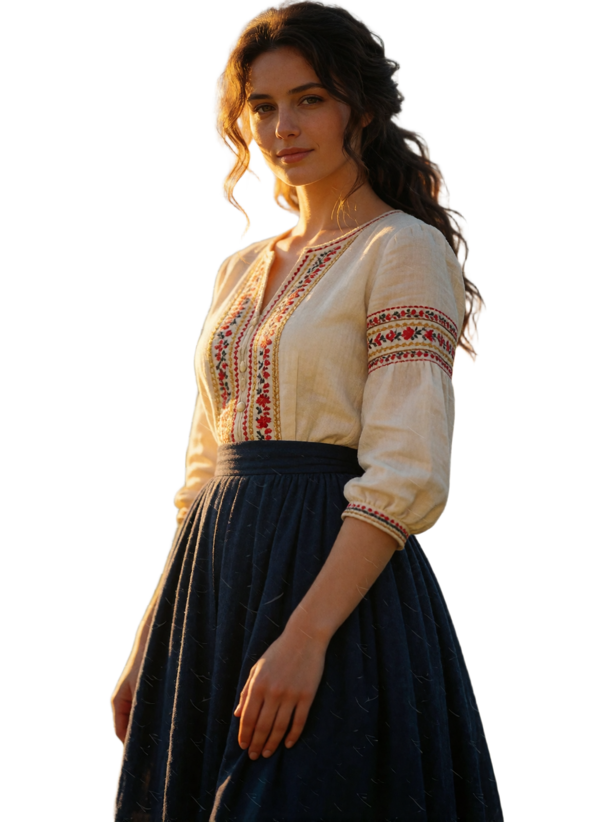 Elegant Hungarian woman in a cream embroidered blouse standing along the Danube riverfront at golden hour