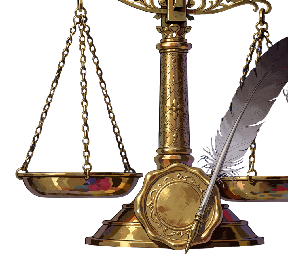 Illustrated gilded balance scale with level pans beside a round wax-style seal and a quill, symbolizing impartial visa review