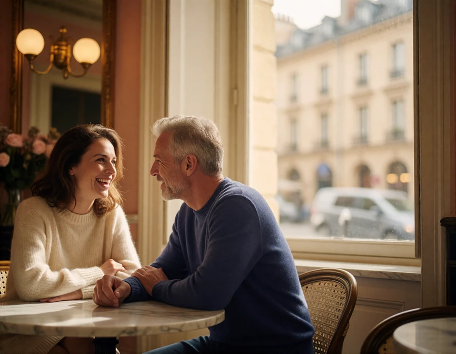 Couple in their forties talking at a marble table by a tall window in an upscale European cafe