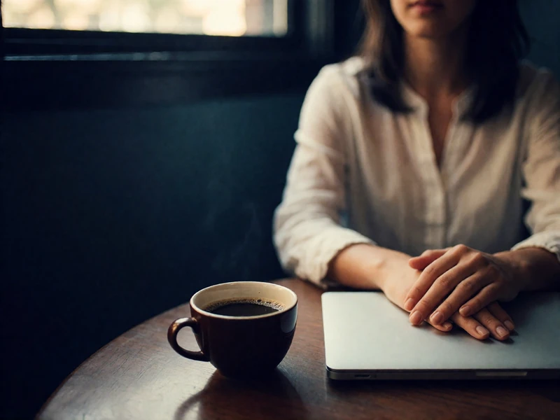 Hands resting on a closed silver laptop beside a cup of coffee on a dark walnut table