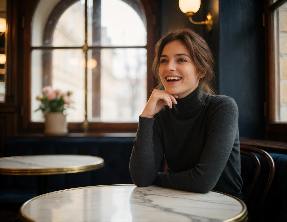 Czech woman with chestnut hair laughing softly at a marble café table in a historic Prague interior