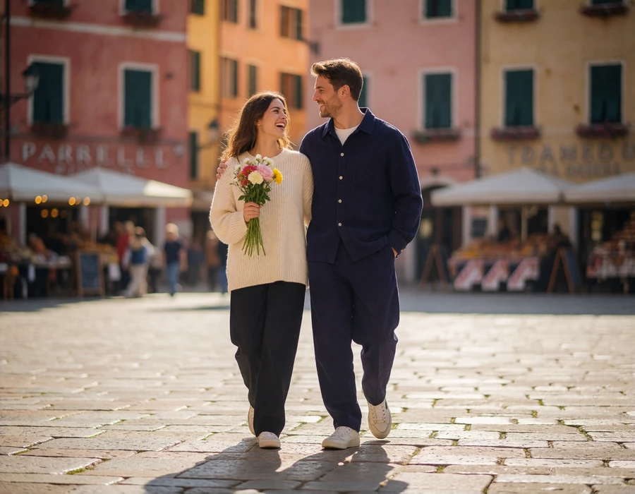 Couple in their thirties walking through an open square carrying a small bunch of flowers