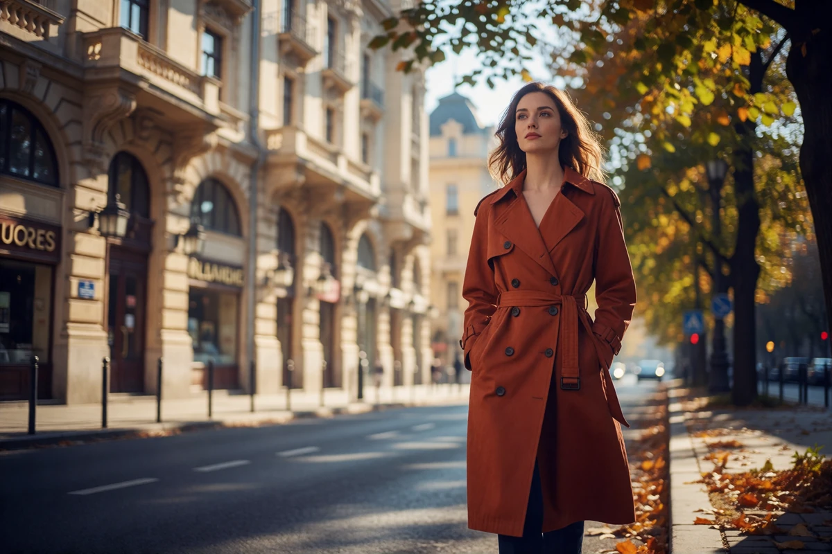 Stylish woman in a rust-coloured trench coat walking along a leafy boulevard in Bucharest