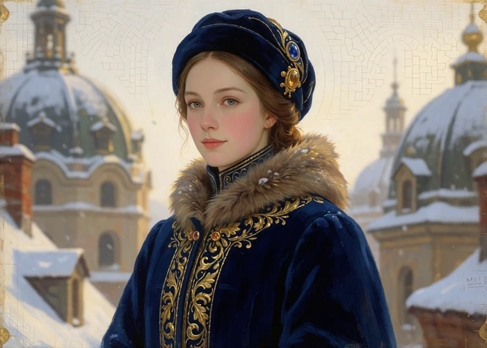 Illustrated portrait of a woman in a fur-trimmed winter coat representing Russian dating profiles