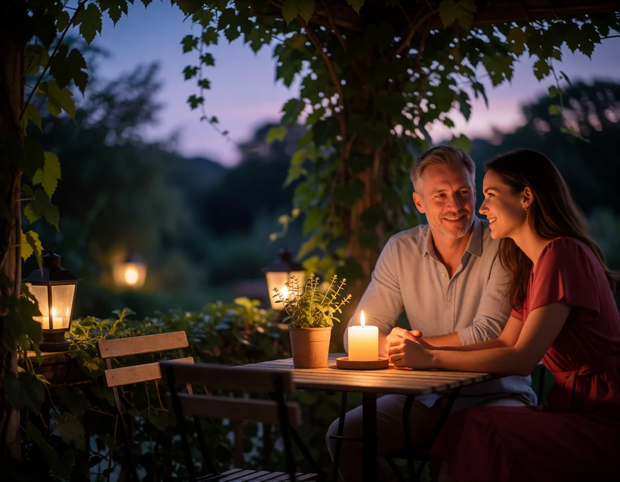 Couple sharing a candlelit dinner on a vine-covered terrace at dusk in Plovdiv
