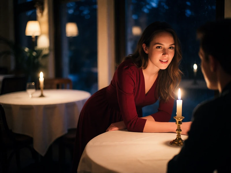 Woman in a burgundy dress leaning across a candlelit restaurant table during a dinner date
