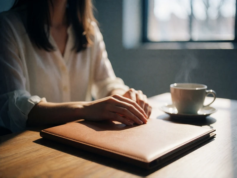 Hands resting on a wooden desk beside a leather document folder and a cup of tea near a sunlit window