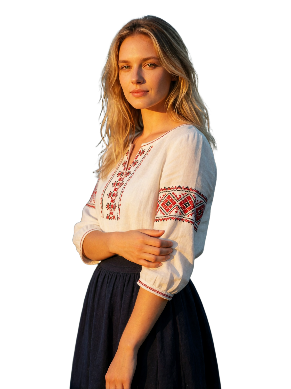 Belarusian woman in white embroidered blouse and navy skirt standing before a golden forest lake at sunset