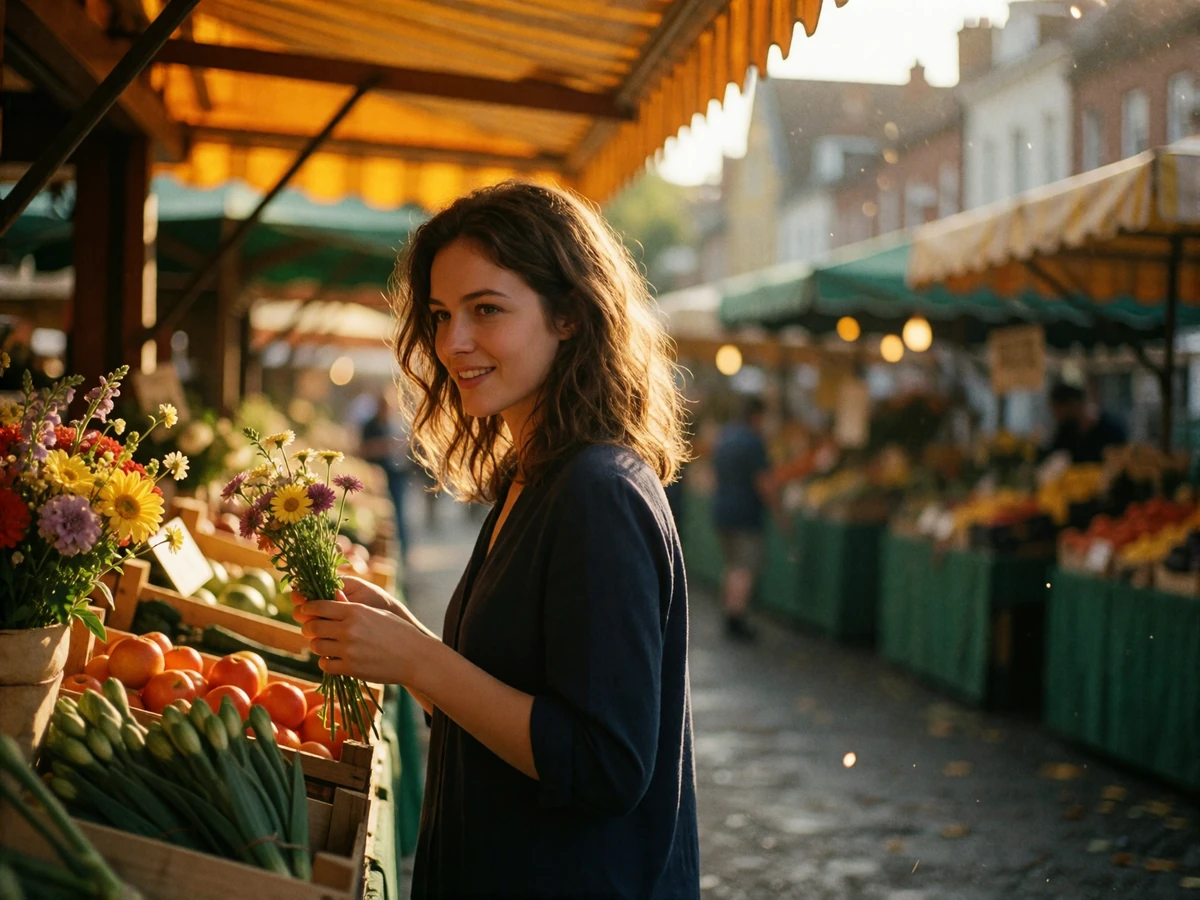 Slovak woman browsing fresh flowers at an open-air town market on a sunny morning