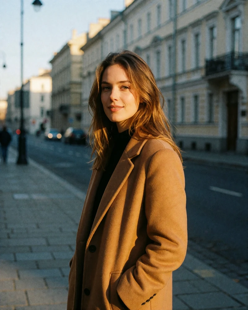 Verified Belarusian woman with ash-brown hair in a camel coat on a quiet city street