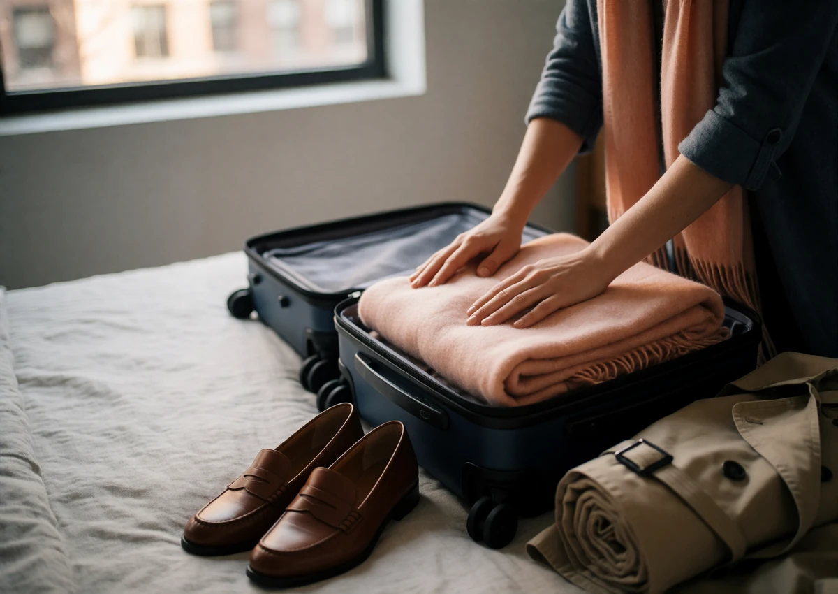 Woman folding a cashmere scarf into an open carry-on suitcase on a linen bed while packing for an international dating trip