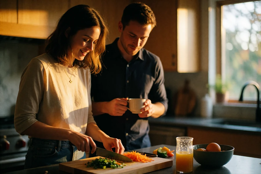 Couple preparing food together in a warm modern kitchen with soft evening light