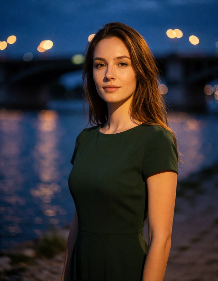 Hungarian woman in a dark green dress on a Budapest riverside promenade at dusk with bridge lights behind her