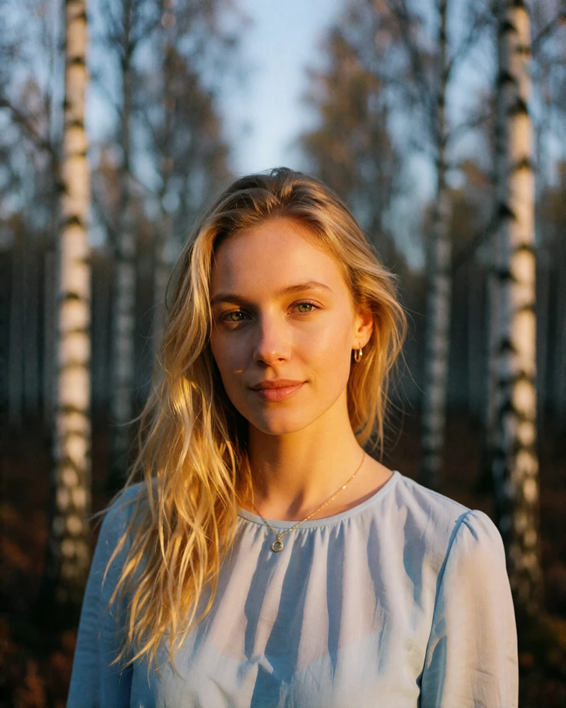 Verified Belarusian woman with light blonde hair smiling in front of a blurred birch woodland