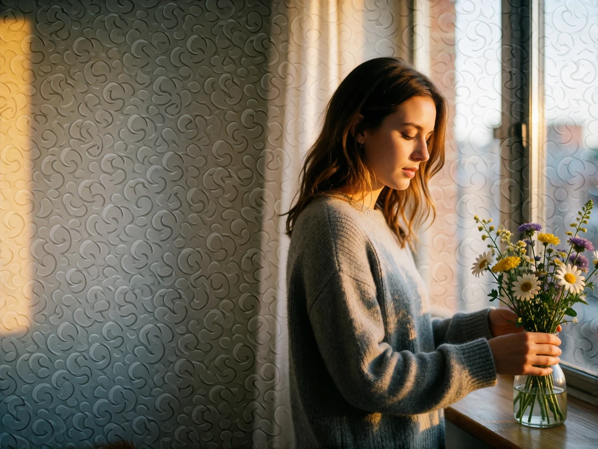 Woman in a grey knit sweater arranging wildflowers on a wooden windowsill in a bright apartment