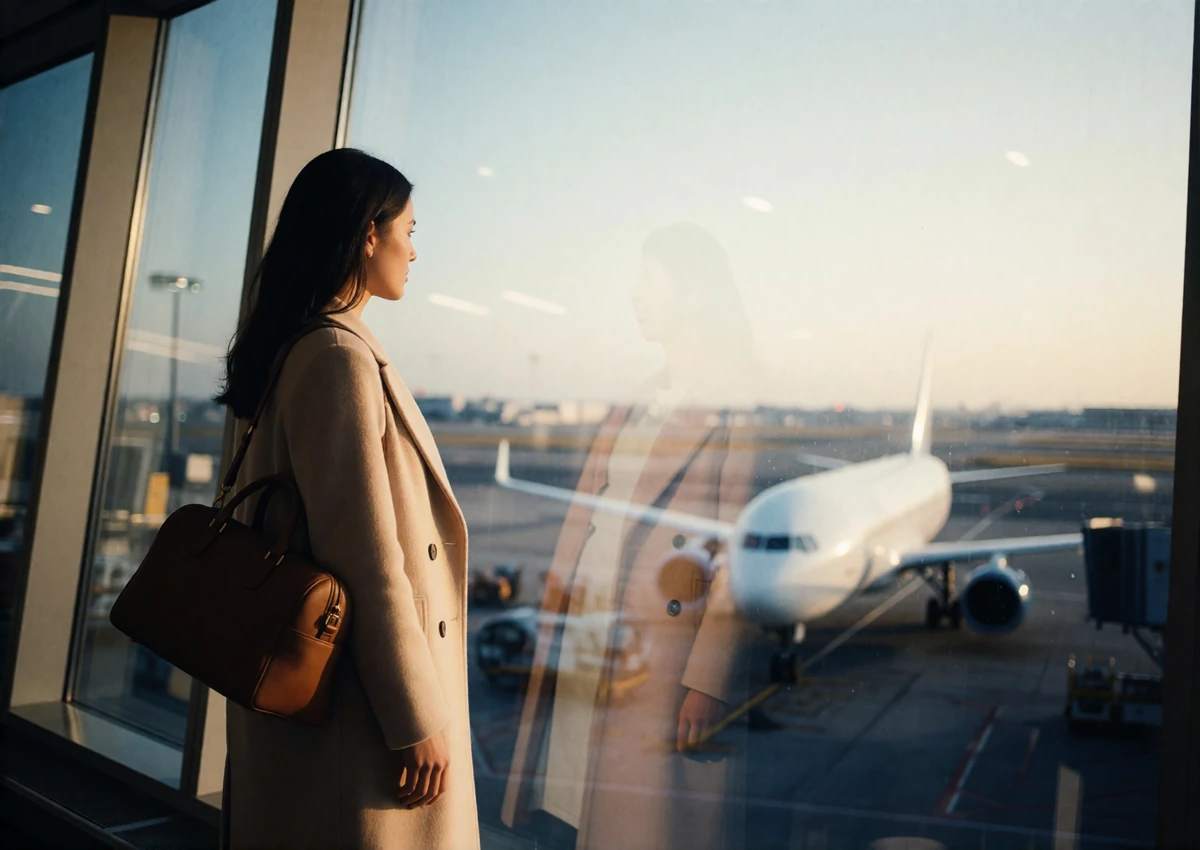 Woman in a beige coat with a leather weekend bag watching an aircraft through a tall airport window