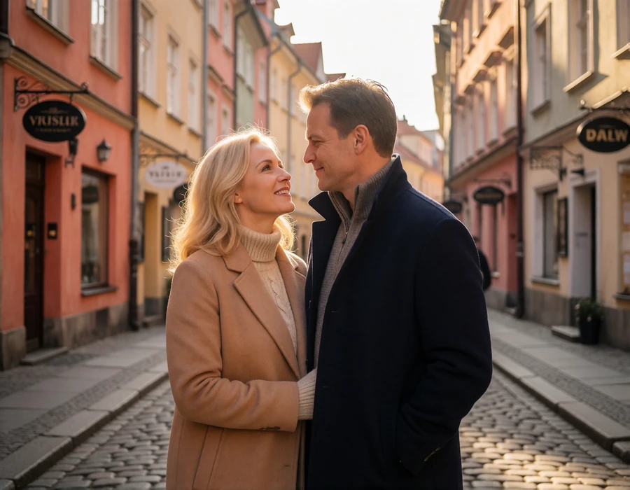 Couple in their late thirties standing close together on a cobbled old-town lane in Warsaw