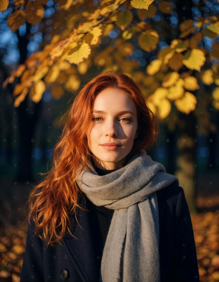 Belarusian woman with copper-red hair and a grey scarf standing in an autumn park in Minsk