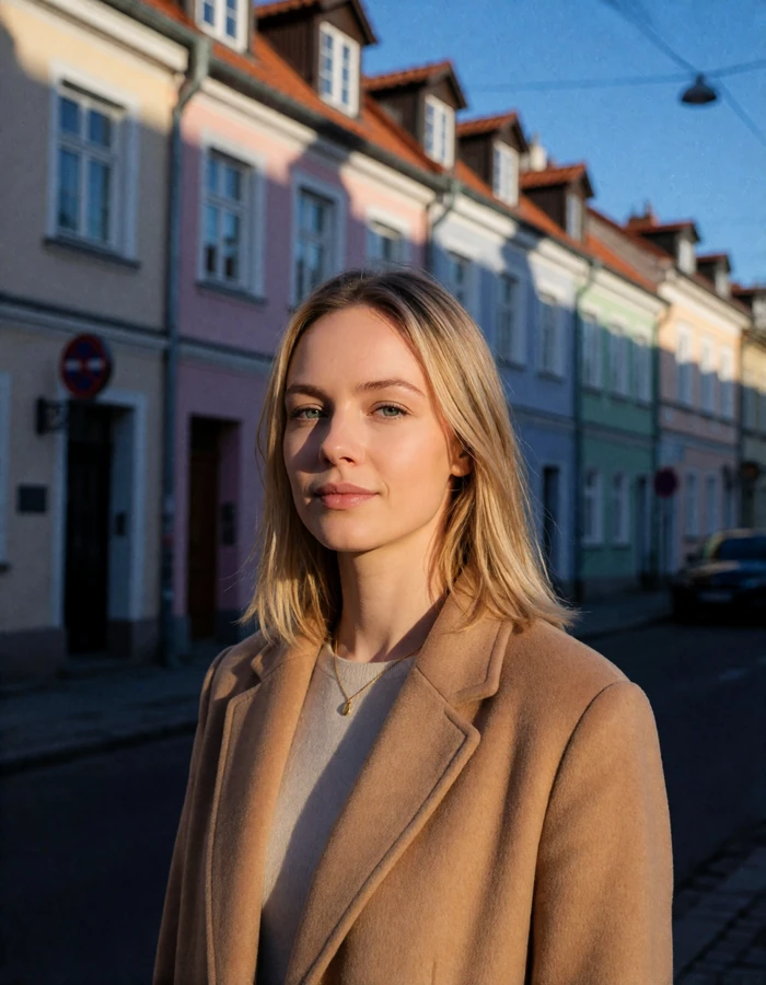 Polish woman in a camel wool coat standing on a quiet Warsaw street with pastel townhouses behind her