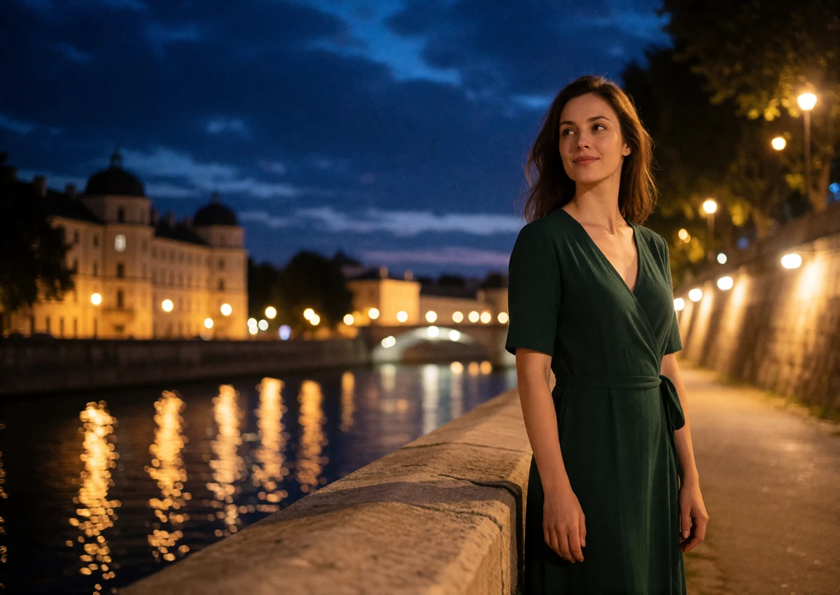 Woman in a dark green wrap dress on a riverside promenade at dusk with illuminated historic architecture behind her