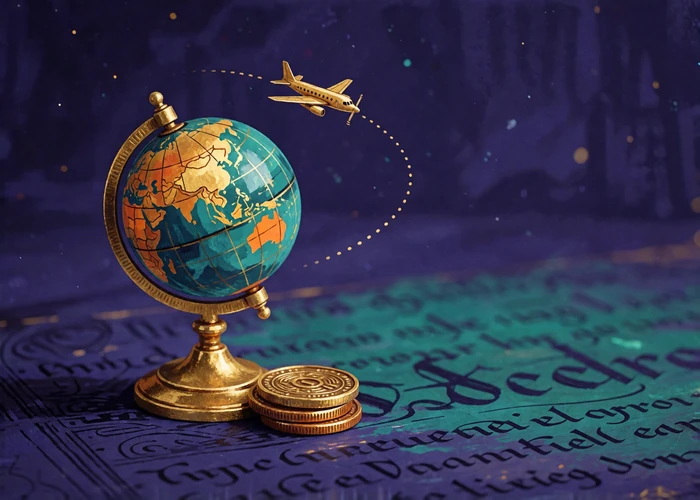 Illustrated gilded pocket globe with a small gold aeroplane arcing above it and two coins at its base