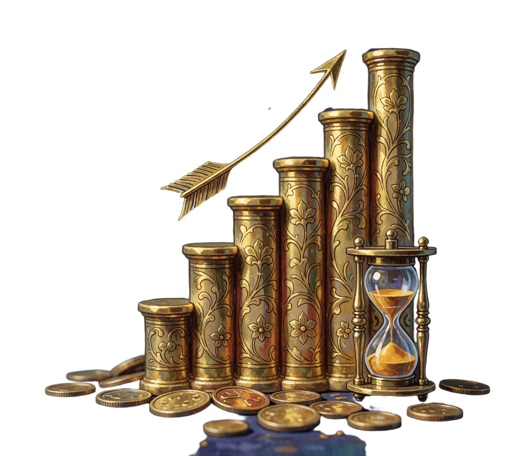 Illustrated gilded bar chart with an upward gold arrow and small hourglass, representing rising dating app fatigue and time spent swiping