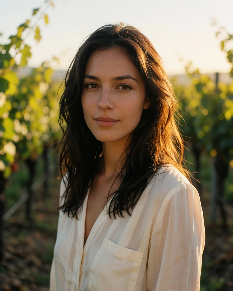 Cristina, a 29-year-old woman from Chișinău, smiling warmly against a sunlit vineyard