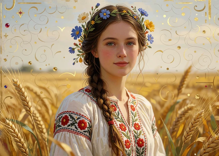 Illustrated portrait of a woman in an embroidered white blouse with a flower wreath, representing Ukrainian dating