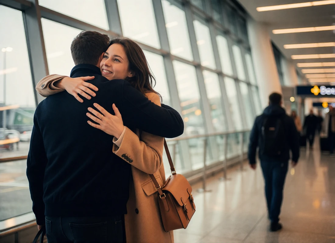 Woman in a camel coat embracing her partner in an airport arrivals hall after an international dating trip