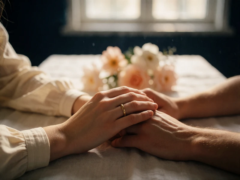 Close view of a couple's joined hands over a linen table with a simple gold wedding band