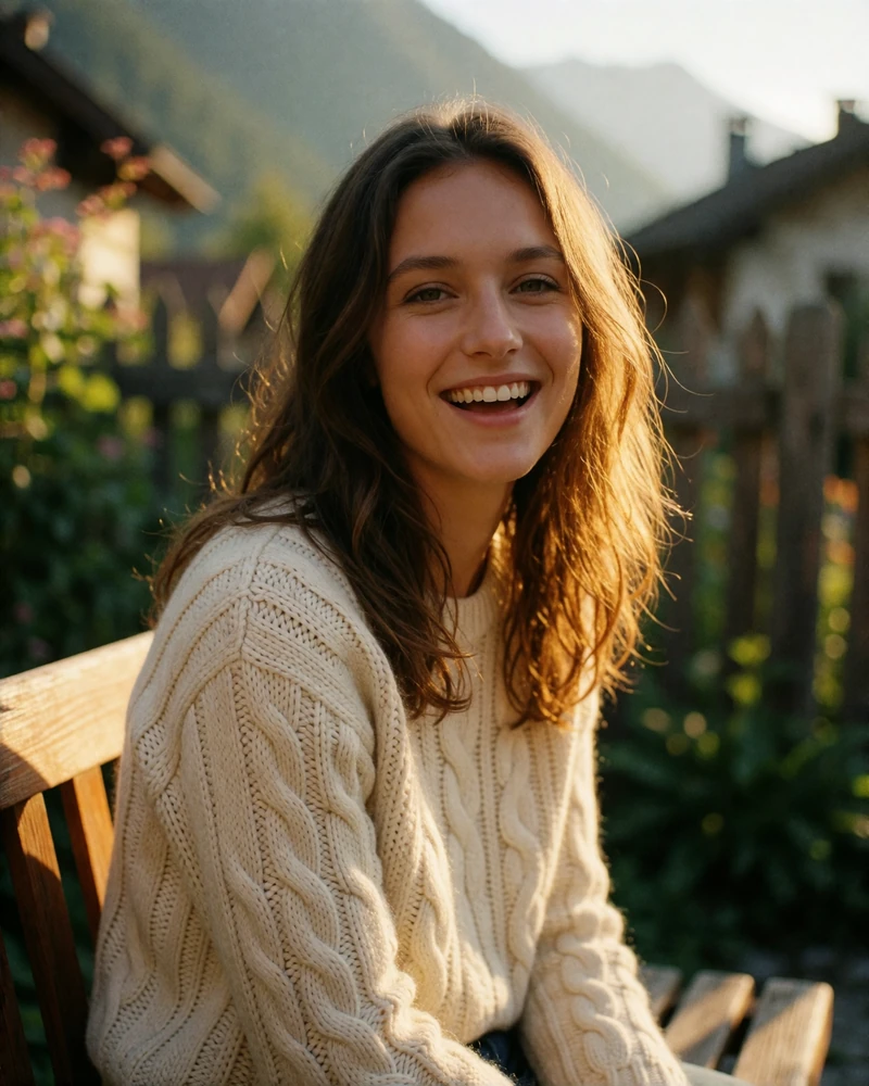 Light-brown-haired Slovak woman laughing softly on a wooden bench in a mountain village garden