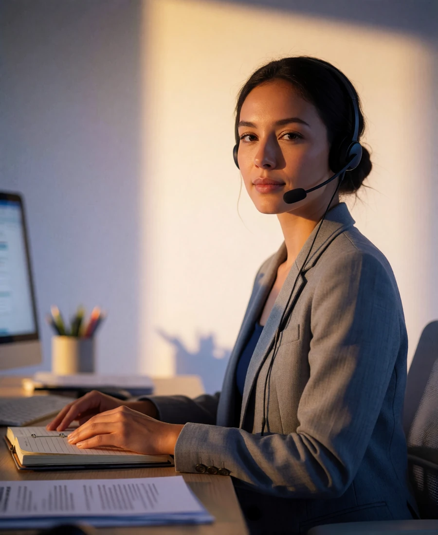 Support specialist with a headset at a tidy office desk reviewing new dating profiles for verification