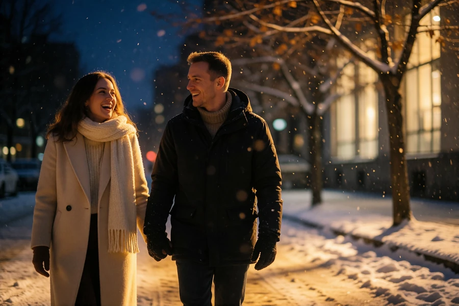 Couple in their thirties walking a snow-dusted city street in winter coats, laughing together