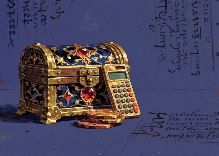 Illustrated gilded treasure chest and calculator representing the cost of dating abroad