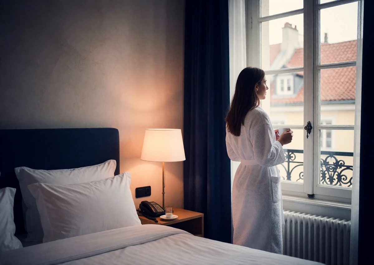 Woman in a white robe holding coffee and looking out a boutique European hotel window on a morning trip abroad