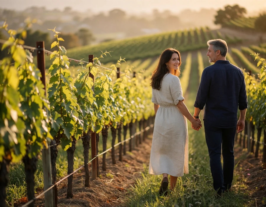 Couple in their forties walking together through a sunlit hillside vineyard near Timișoara