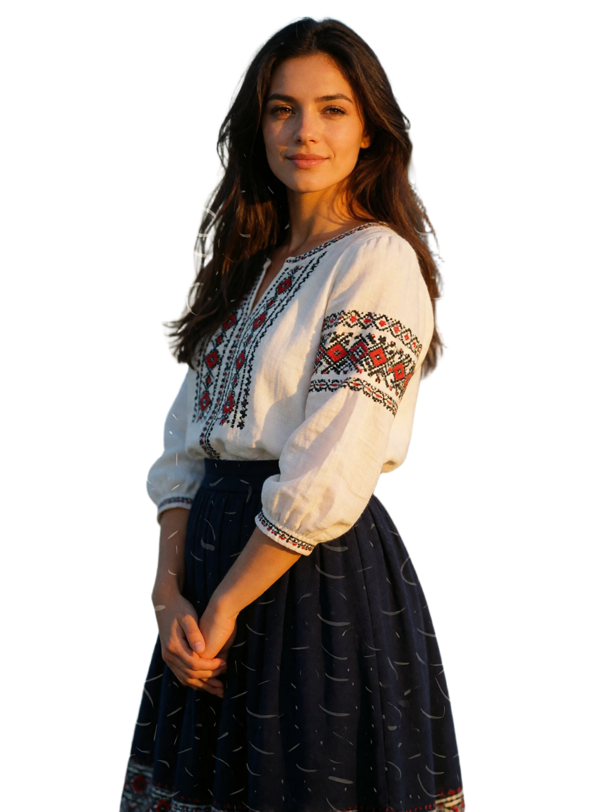 Elegant Moldovan woman in a white folk-embroidered blouse standing above sunlit vineyard hills