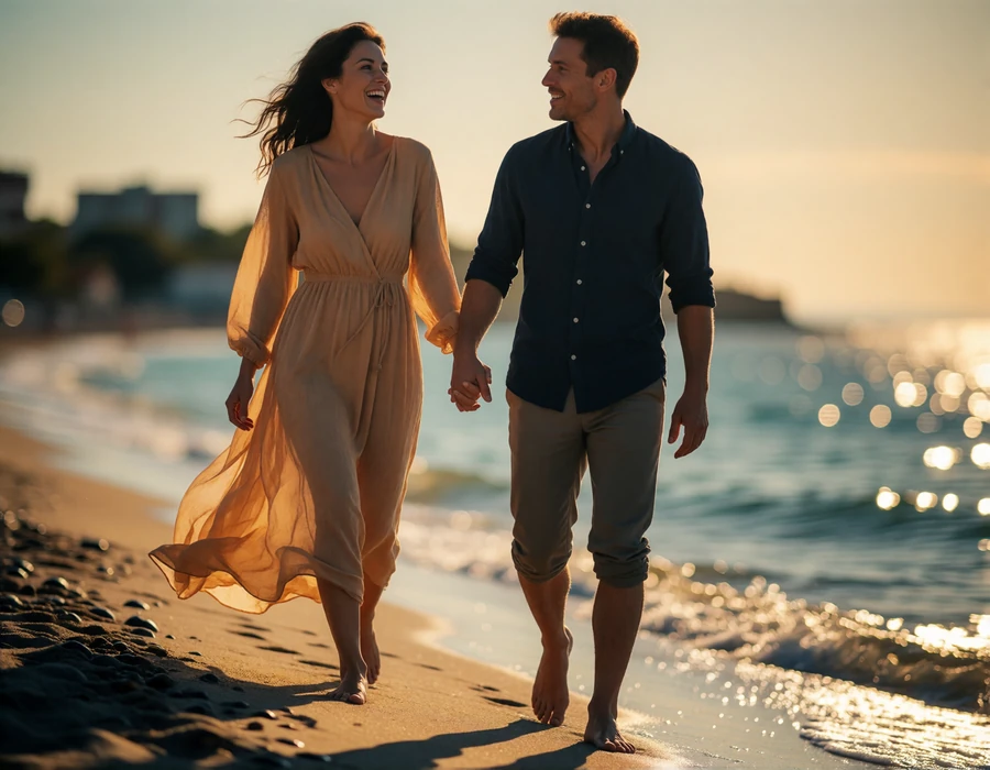 Couple walking barefoot along the Black Sea shoreline at golden hour near Varna