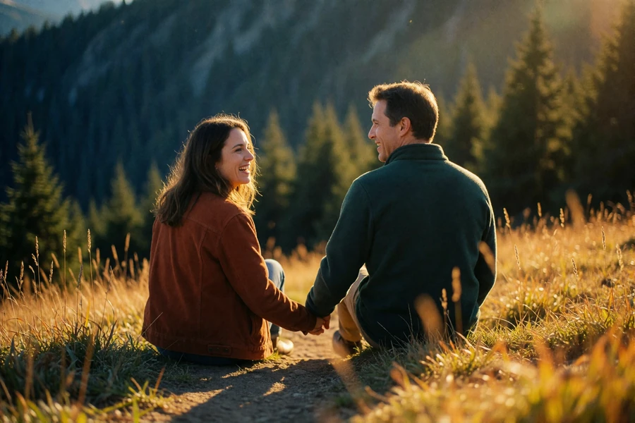 Couple in their late thirties walking hand in hand on a grassy mountain path at golden hour