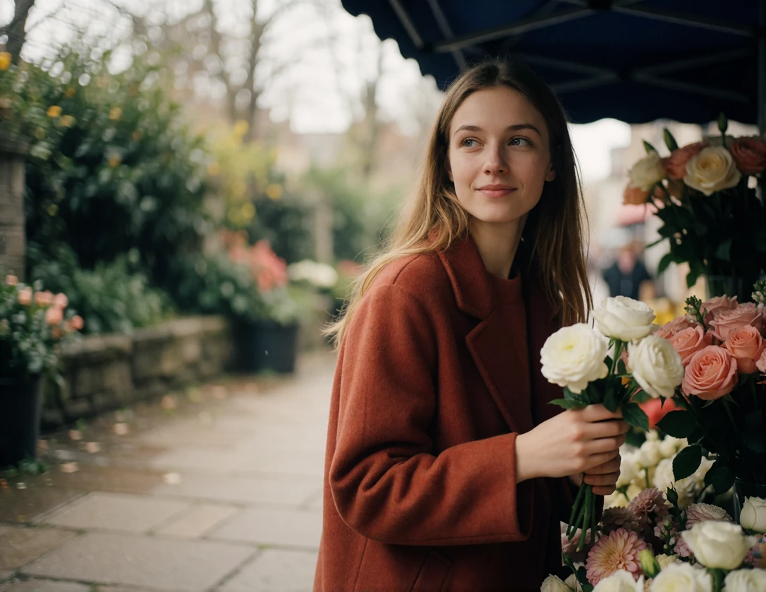 Young Ukrainian woman in a rust coat selecting flowers at an open-air market stall
