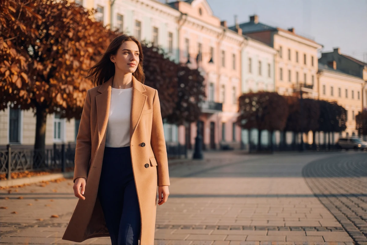 Young woman in a camel coat walking along a sunlit boulevard in Kyiv with historic pastel facades behind her