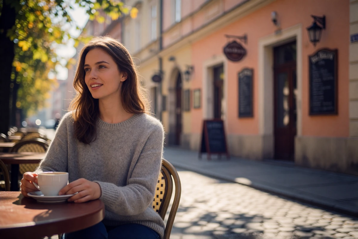 Young woman in a soft grey knit sweater relaxing at an outdoor cafe table on a sunlit Krakow side street