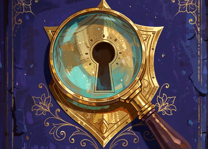 Illustrated gold magnifying glass and shield with keyhole representing profile verification