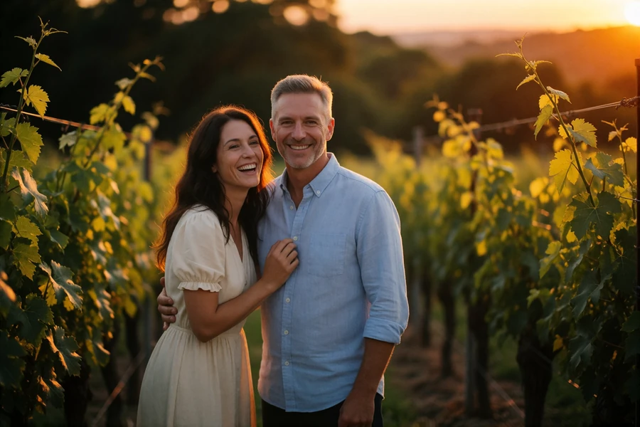Couple in their forties toasting together among vineyard rows at sunset