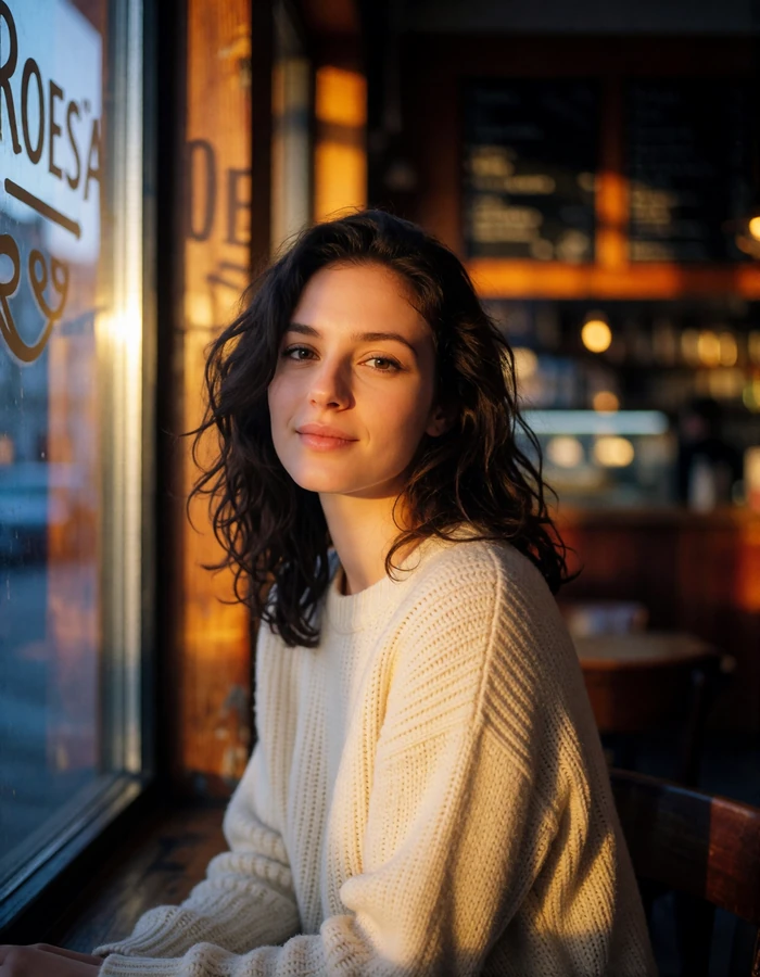Czech woman in a cream knit sweater sitting by a cafe window in Prague in warm afternoon light
